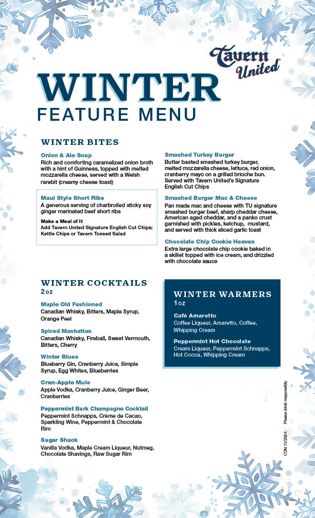 Tavern United Winter Feature Menu